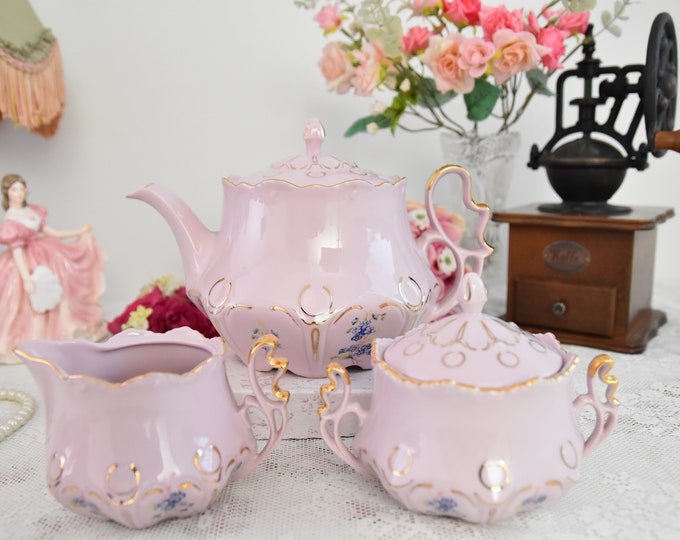 Vintage Tea Pot Milk Jug Sugar Bowl Set Porcelain Pink Etsy