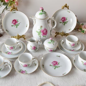 Furstenberg Porcelain Tea Set with Pink Rose Pattern and Gold Trim, Vintage German Teaware