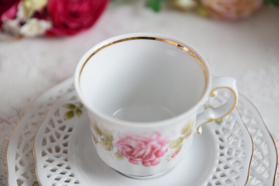 Vintage German Tea Trio With Pink Rose Motif, Reticulated
