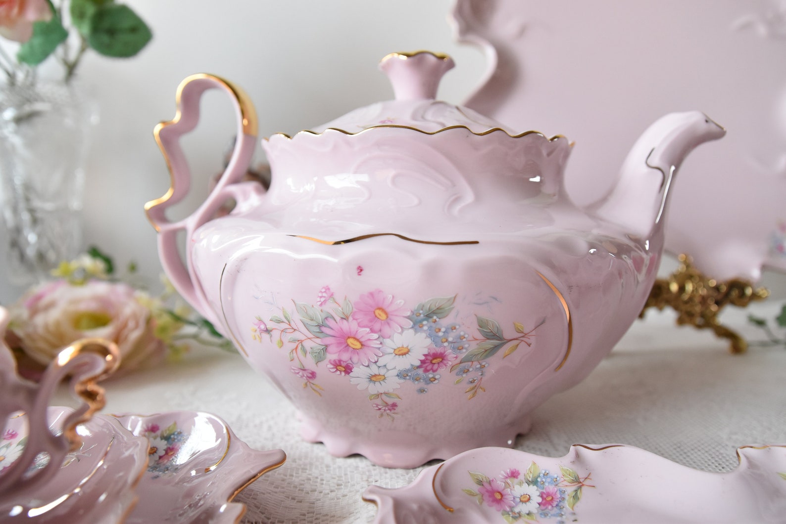 Vintage Pink China Tea Set Pink Porcelain Tea Set With Tea Etsy