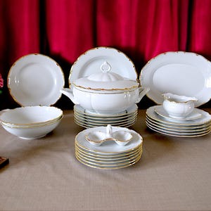 Vintage Leander 24K Gold Porcelain Dinner Set, Czech Fine China, White with Gold Rim, Elegant Formal Tableware