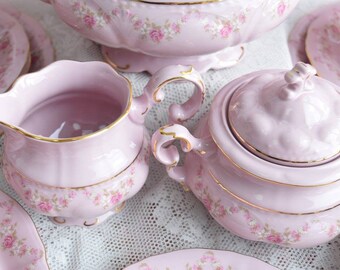 コレクター向け陶器ティーサービスセット、ヴィンテージのピンク陶器