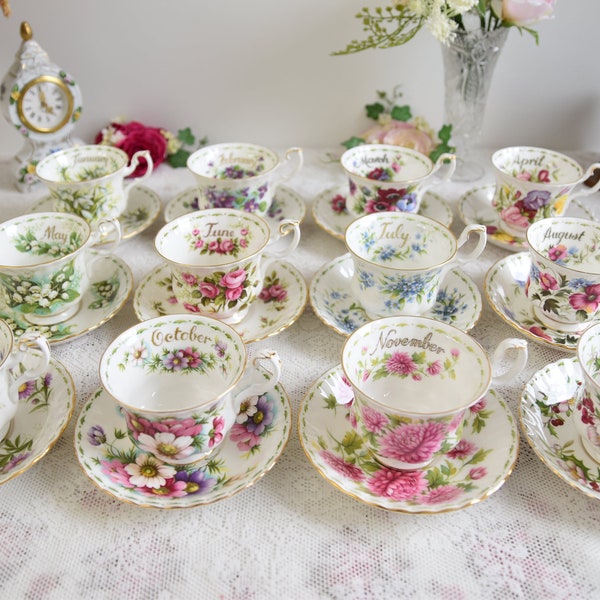 Set di tazze da tè e piattini vintage "Fiori del mese" misura uomo Royal Albert per tutti i mesi