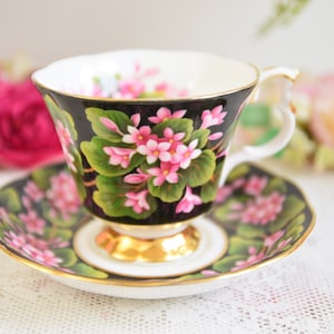 Royal Albert Provincial Flowers Tea Cup and Saucer, Vintage Bone China Pink Floral on Black