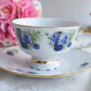 Vintage Tea Cup and Saucer, Blue Rose Bouquet with Gold Trim, Footed Porcelain Set