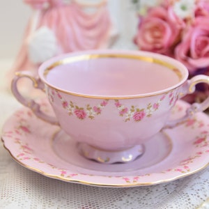 Pink porcelain bouillon soup bowl with saucer set by LL