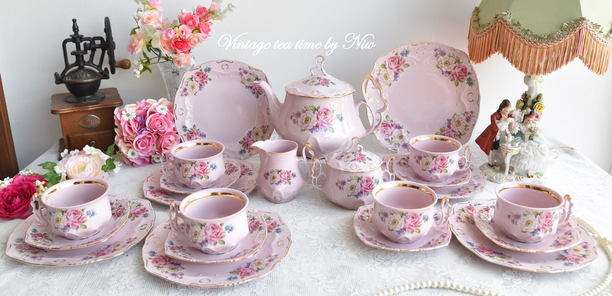 Set da tè vintage con rose, set da tè in porcellana con teiera, set di  tazze da tè floreali, set da tè vintage per 6 set da tè in oro 24K, set