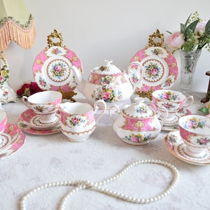 Royal Albert Lady Carlyle Tea Set, Pink Floral Vintage English Bone China, Teapot Cups and Plates