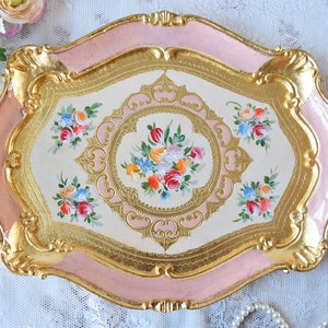 Florentine decorative tray, Vintage Pink Tray, Vintage Gold Tray, Ornate Small Tray for Table, Pink Florentine Tray with Handles, Gold Tray