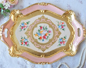 Florentine decorative tray, Vintage Pink Tray, Vintage Gold Tray, Ornate Small Tray for Table, Pink Florentine Tray with Handles, Gold Tray