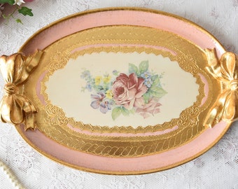 Handbemalter Tablett Gold Rosa, Italienisches Vintage Tablett Gold, ovales Tablett mit Griffen, verzierter Tablett-Tee, dekorativer Tabletttisch, Vintage Tablettdekor