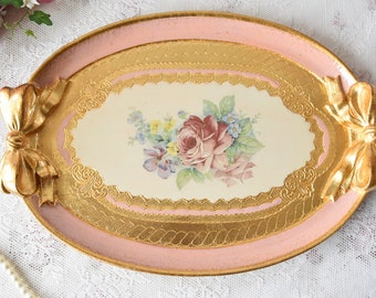 Hand Painted Tray Gold Pink, Italian Vintage Tray Gold, Oval Tray with Handles, Ornate Tray Tea, Decorative Tray Table, Vintage Tray Decor