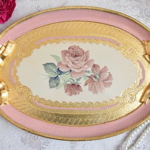 Italian decorative tray with handles and floral decor for coffee table, Handpainted tray serving on coffee table, Decorative serving tray