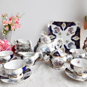 Antique Tea Set by JL, Cobalt Blue Porcelain with Rococo Courting Scenes, Gold Trim, Full Service