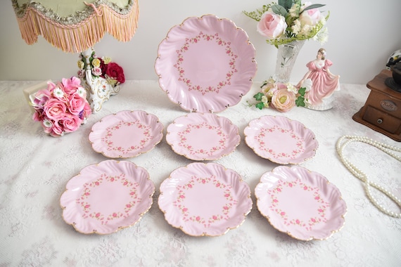 Set of Pink Scalloped Dessert Plates With Gold Trim and Floral