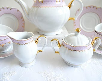 ヴィンテージ磁器製ティーセット、ピンクの花柄、24金メッキ