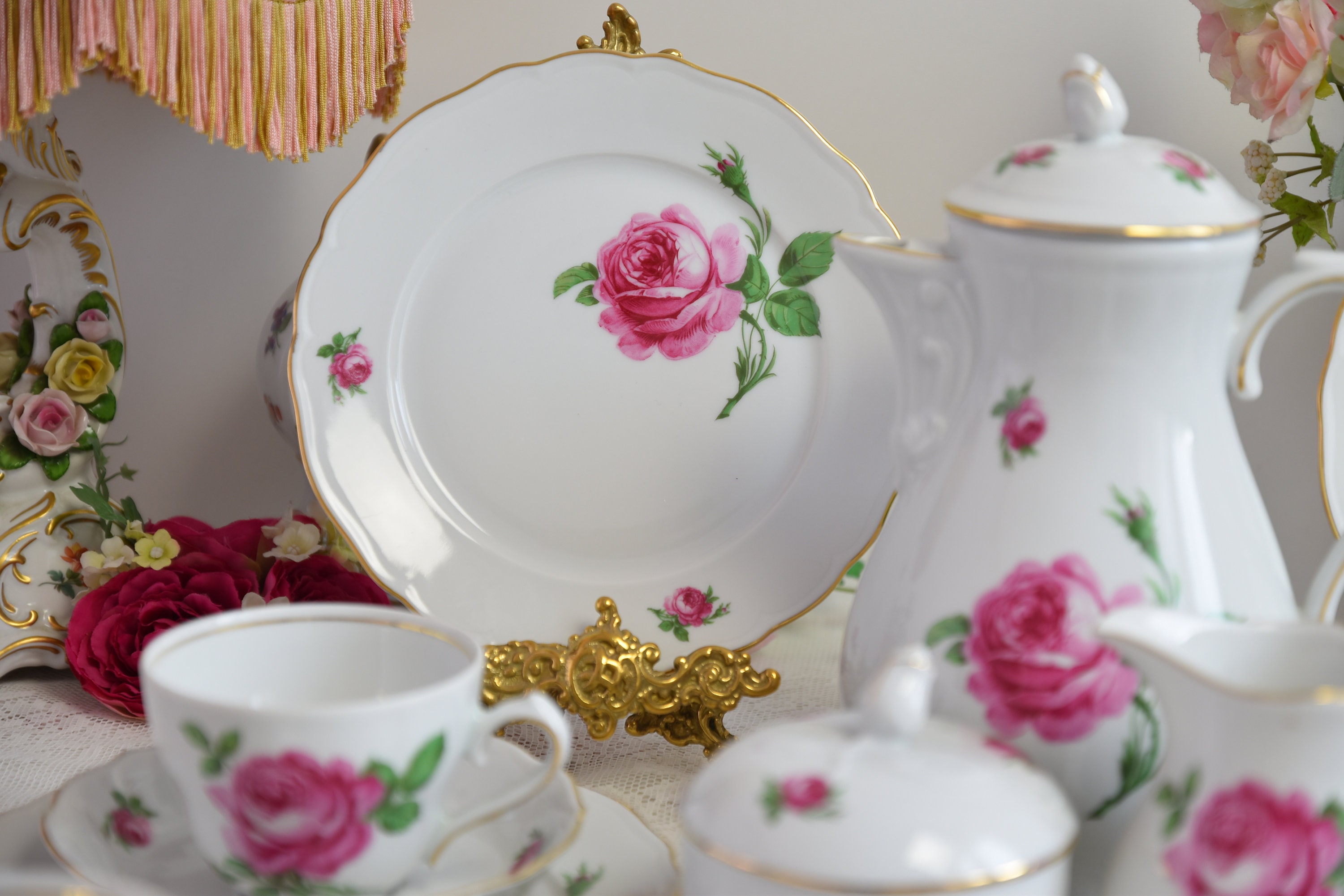 Vintage Bavaria Rose Tea Set, German Porcelain With Pink Roses and