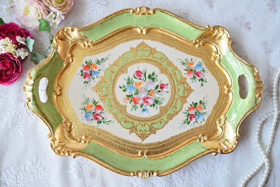 Vintage Green Tray, Vintage Gold Tray, Ornate Small Tray for Table, Green Florentine Tray with Handles, Antique Gold Tray, Green Gold Decor