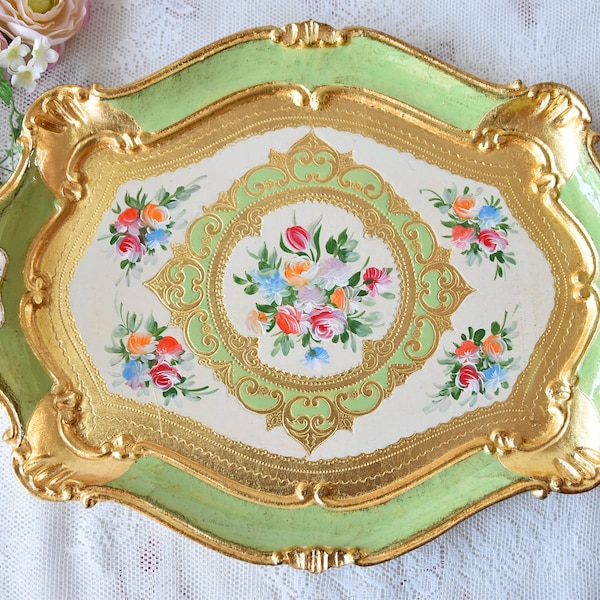 Vintage Green Tray, Vintage Gold Tray, Ornate Small Tray for Table, Green Florentine Tray with Handles, Antique Gold Tray, Green Gold Decor