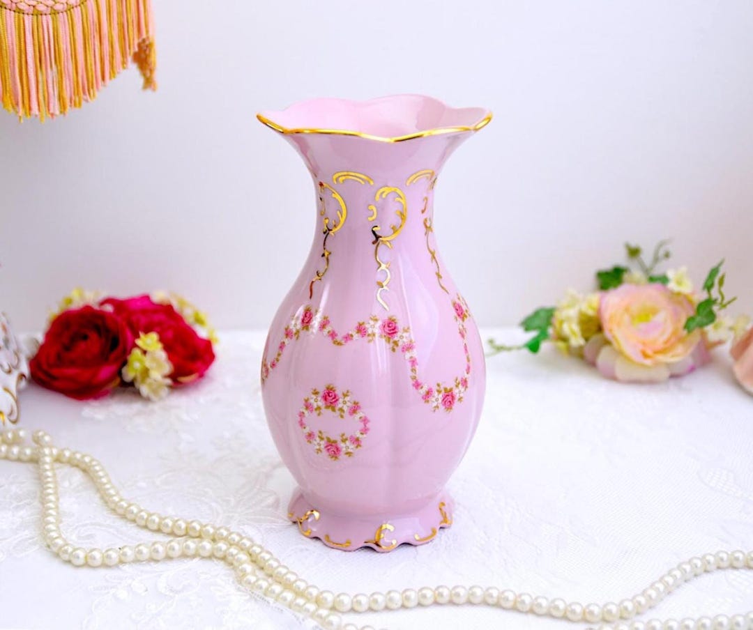 Pink Porcelain Vase With Gold Rim and Rose Garland – Elegant Hand ...