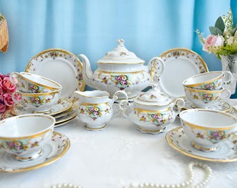 Service à thé vintage avec décoration florale et dorée, Service à thé en porcelaine avec théière, Service à thé antique pour 6 Service à thé en or 24 carats