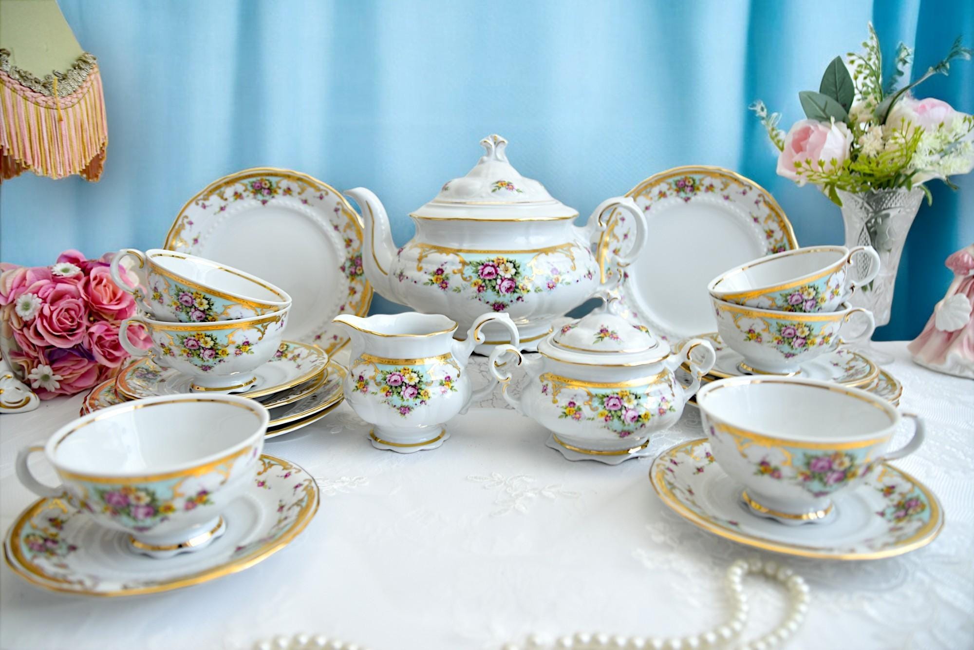 Vintage Tea Set With Floral and Gold Decoration, Porcelain Tea Set
