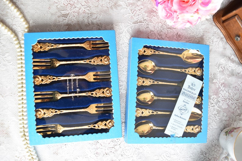 Vintage spoon set for six Teaspoons tea and coffee spoons pieces vintage gold plated teaspoons