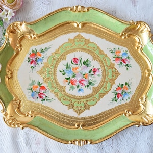 Handmade Italian wooden tray original handpainted green medium size