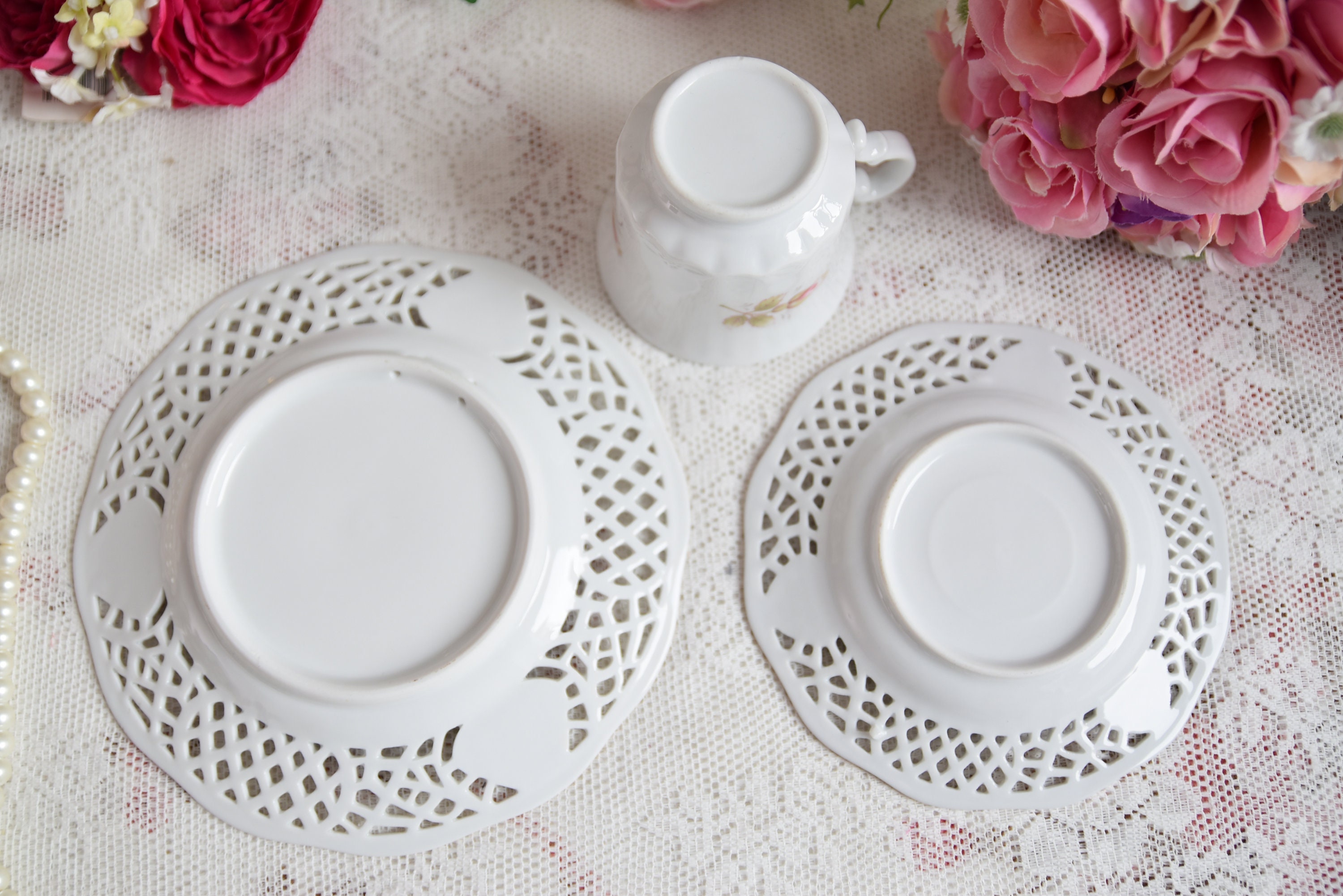 Vintage German Tea Trio With Pink Rose Motif, Reticulated