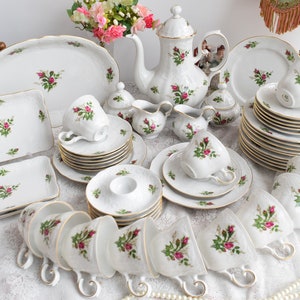 Seltmann Bavaria porcelain tea set with pink rose motif – vintage German tableware