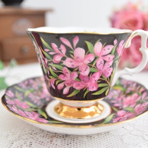 Royal Albert Provincial Flowers Teacup and Saucer, Wild Azalea Black Series, Vintage English Bone China