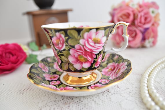 Royal Albert Provincial Flowers Teacup and Saucer, Cameo Black