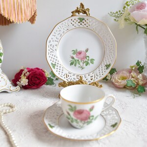 Schumann Arzberg Tea Trio, Reticulated Porcelain with Pink Rose and Gold Trim, Vintage Germany
