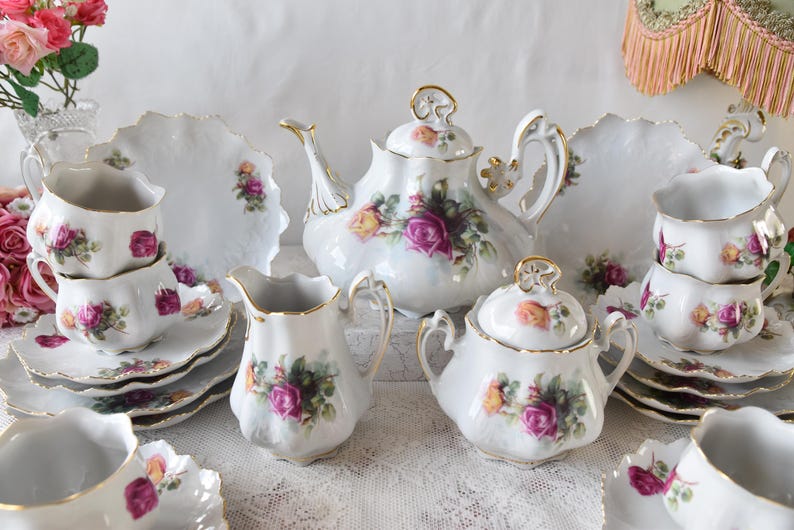 Vintage Tea Set With Roses, Porcelain Tea Set With Tea Pot, Floral Tea ...