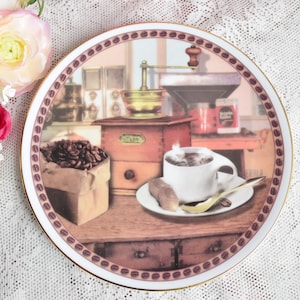 Vintage illustrated porcelain dessert plate with coffee grinder Karolina