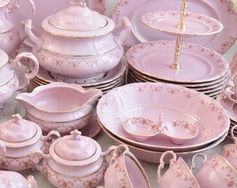 チェコ製のピンクの磁器製ディナーセット（6人用、紅茶とコーヒーの