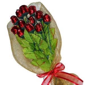 Long Stem Red Chocolate Roses Bouquet in a Fancy Hand Wrapping