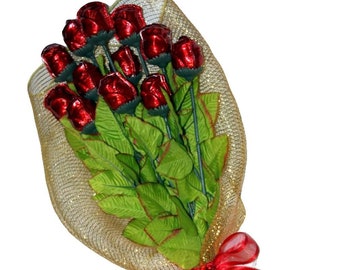 Long Stem Red Chocolate Roses Bouquet in a Fancy Hand Wrapping
