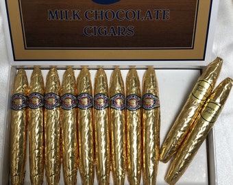 Personalized Gold Chocolate Cigars in Fancy Cigar Box - 24 Chocolate Cigars with Custom Band