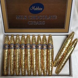 Cigares chocolatés dorés personnalisés dans une boîte à cigares fantaisie - 24 cigares chocolatés avec anneau personnalisé
