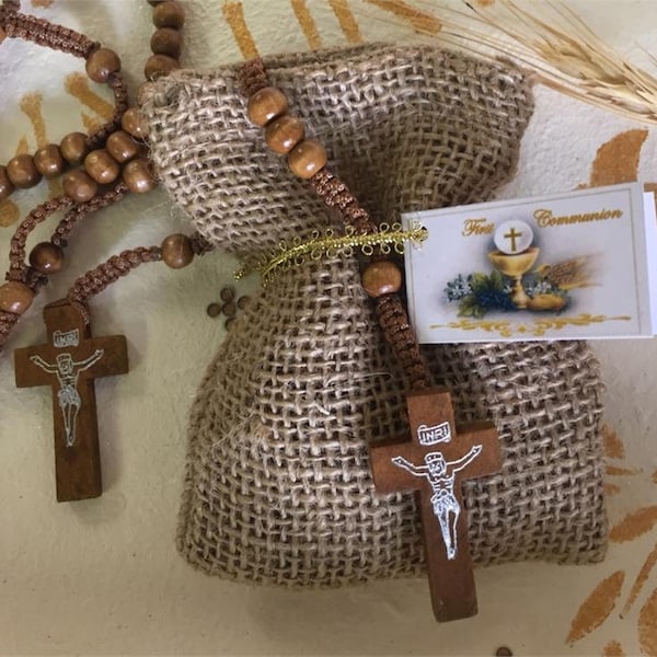 First Communion Favors Wooden Rosary in a Burlap Bag Personalized with a Communion Tag - Set of 10