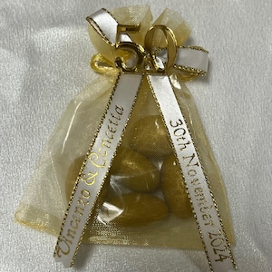 Gold 50th Anniversary Favors Bag filled with 5 Gold Jordan Almonds & Personalized Ribbon - Set of 10
