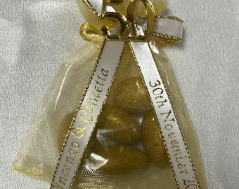 Gold 50th Anniversary Favors Bag filled with 5 Gold Jordan Almonds & Personalized Ribbon - Set of 10