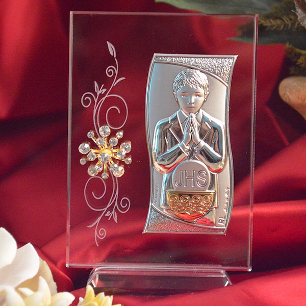 Italian Argento First Communion Boy Favor Gift, Silver and Gold on Glass with Swarovski Crystal Personalized