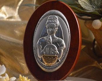 Silver Italian Communion Girl Favor Icon on Wood Dome Shape Personalized Communion Favors / Gifts