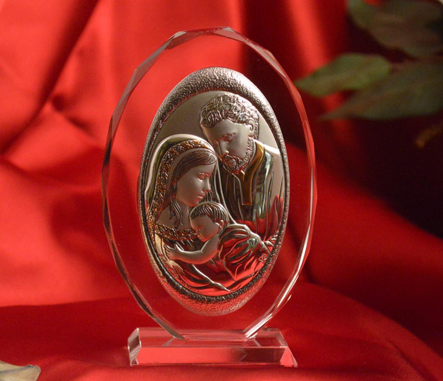 Large Oval Italian Silver Holy Family on Crystal Plaque Religious Icon Religious Baptism, Christening or Communion Favor/Gift Personalized