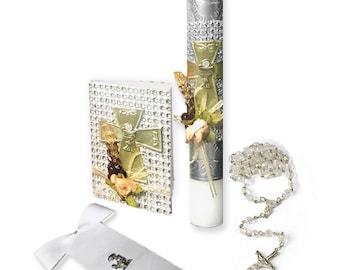 First Communion Boy or Girl Gift Set Containing: Communion Candle, Rosary, Missal and Scarf
