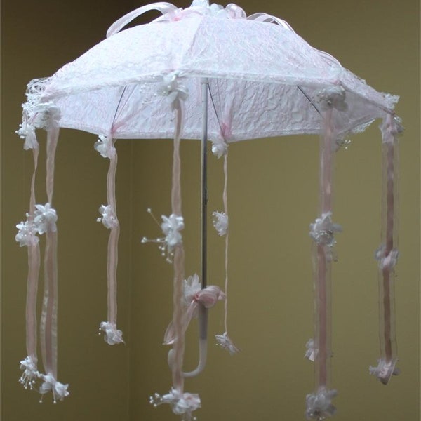 Lace Parasol /  Bridal Shower Umbrella with Ribbons and Flowers - 22 inches, Handmade