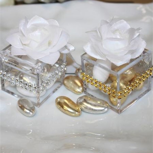 7 Jordan Almonds  Unique Wedding Favors in Clear Favor Box with White Roses - Set of 10