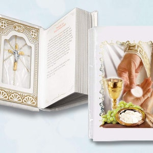 First Holy Communion Missal - Catholic Prayer Book with chalice and Mother of Pearl-like Heard Cover